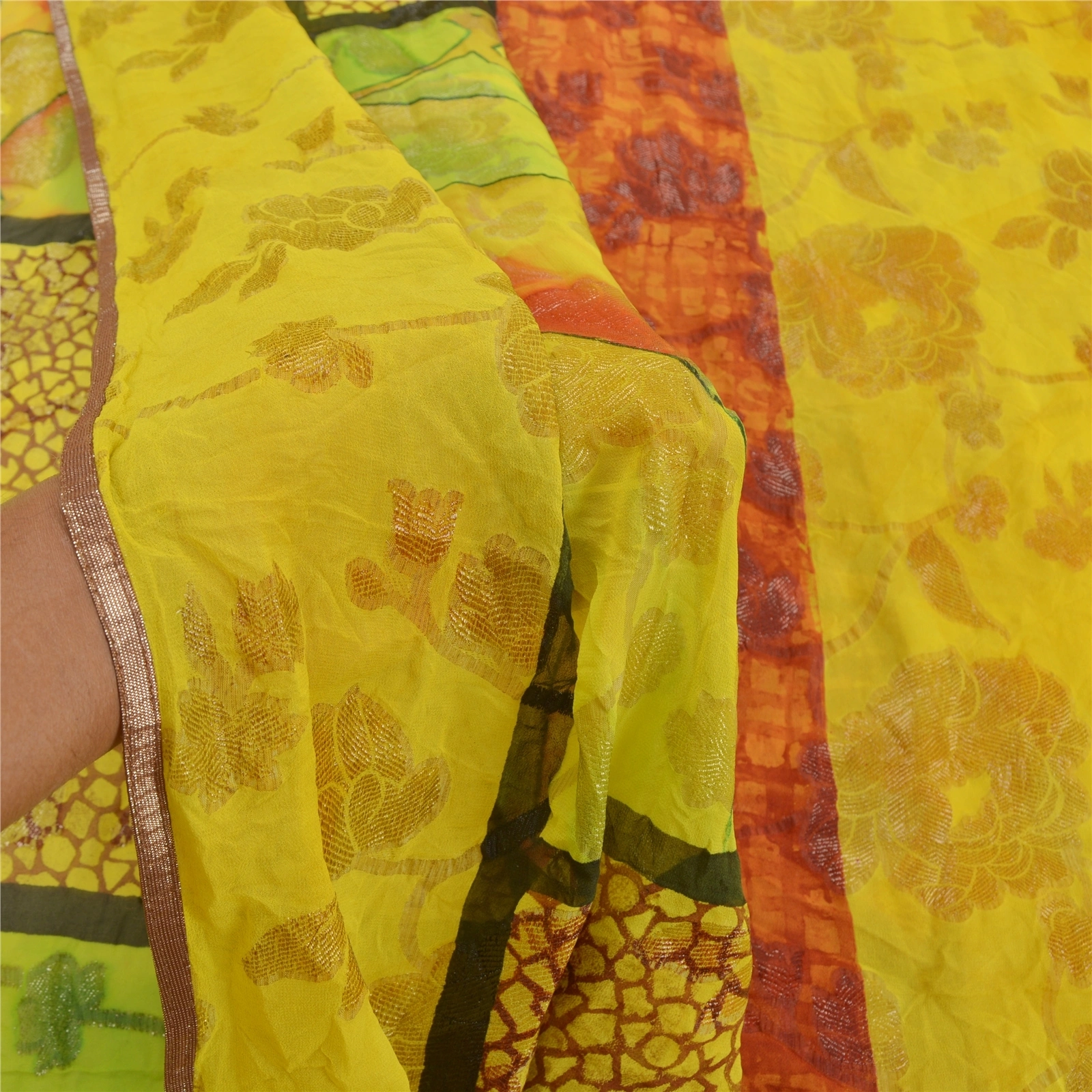 Sanskriti Vintage Green Pure Georgette Silk Printed Woven Sari Soft Craft Fabric, PRG-9554-Green-Printed Floral Design-Pure Georgette Silk-4