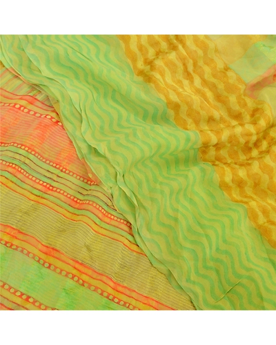Sanskriti Vintage Sarees Green Pure Georgette Silk Printed Sari 5Yd Craft Fabric, PRG-9556-Green-Printed Floral Design-Pure Georgette Silk-1