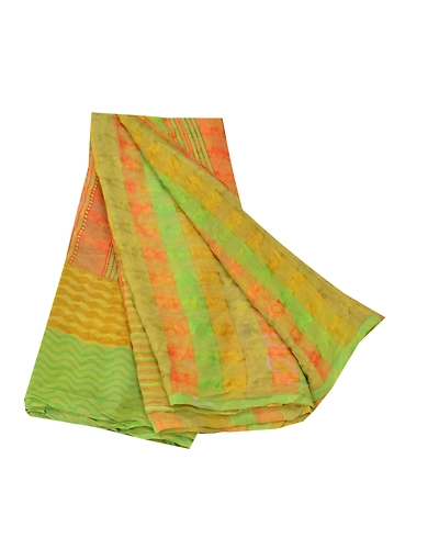 Sanskriti Vintage Sarees Green Pure Georgette Silk Printed Sari 5Yd Craft Fabric, PRG-9556-Green-Printed Floral Design-Pure Georgette Silk-2