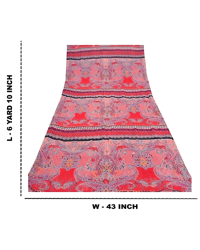 Sanskriti Vintage Sarees Red Blend Georgette Sari Printed Soft 5Yd Craft Fabric, PRG-9603-Red-Printed Floral Design-Blend Georgette-3