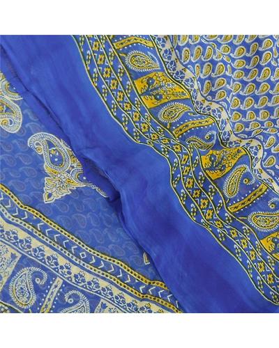 Sanskriti Vintage Sarees Blue Blend Georgette Printed Sari Soft 5Yd Craft Fabric, PRG-9609-Blue-Printed Floral Design-Blend Georgette-1