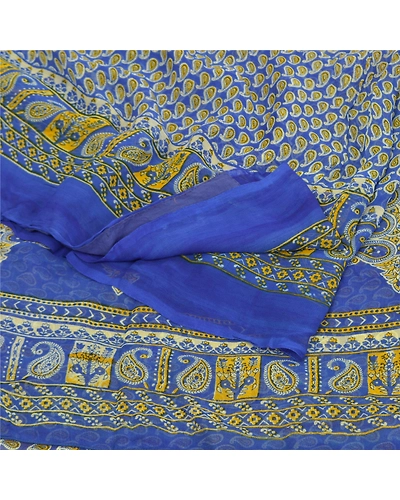 Sanskriti Vintage Sarees Blue Blend Georgette Printed Sari Soft 5Yd Craft Fabric, PRG-9609-Blue-Printed Floral Design-Blend Georgette-7