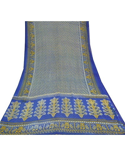 Sanskriti Vintage Sarees Blue Blend Georgette Printed Sari Soft 5Yd Craft Fabric, PRG-9609-Blue-Printed Floral Design-Blend Georgette-8