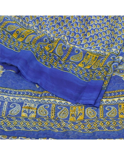 Sanskriti Vintage Sarees Blue Blend Georgette Printed Sari Soft 5Yd Craft Fabric, PRG-9609-Blue-Printed Floral Design-Blend Georgette-9