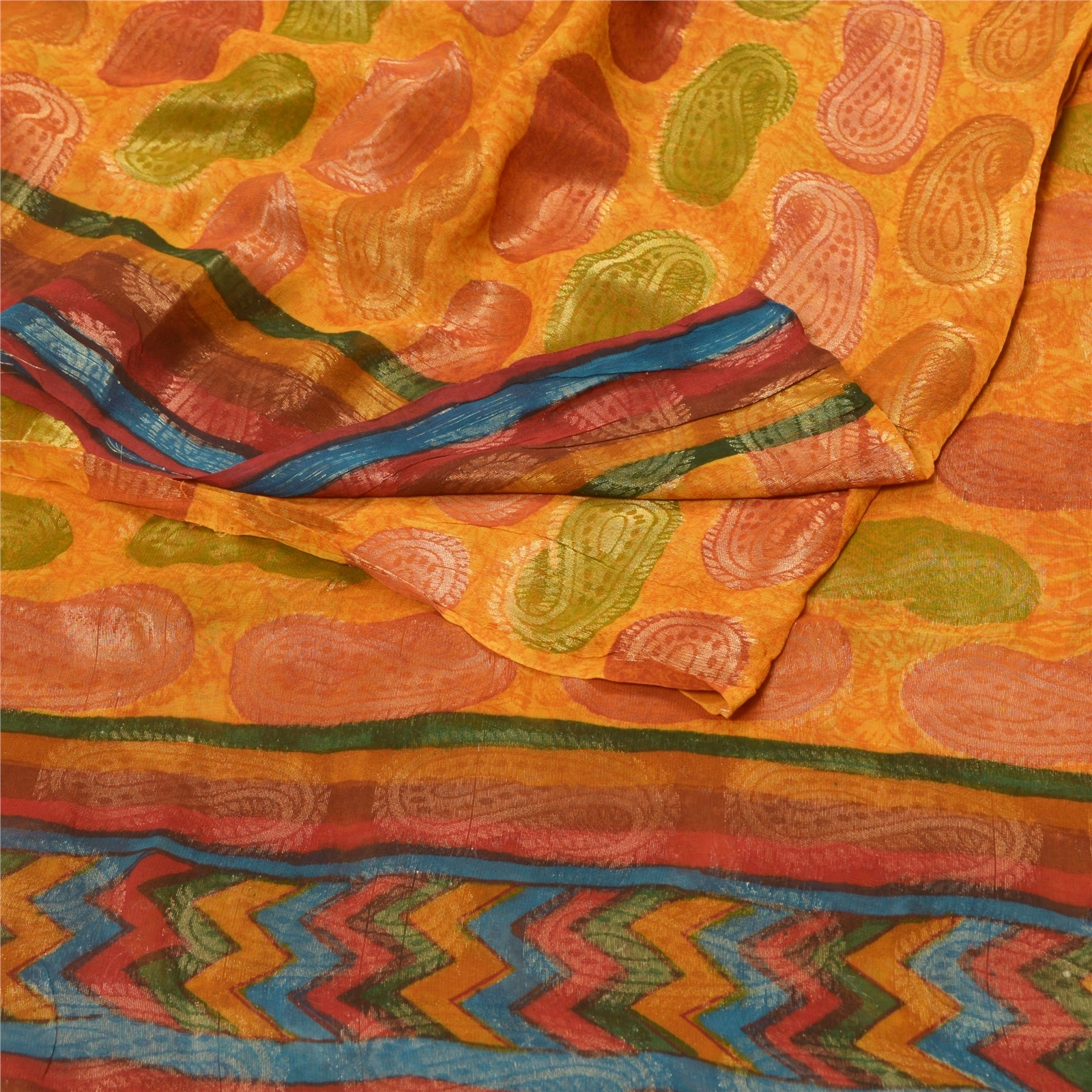 Sanskriti Vintage Sarees Saffron Blend Georgette Woven Printed Sari Craft Fabric, PRG-9652-Saffron-Printed Floral Design-Blend Georgette-7