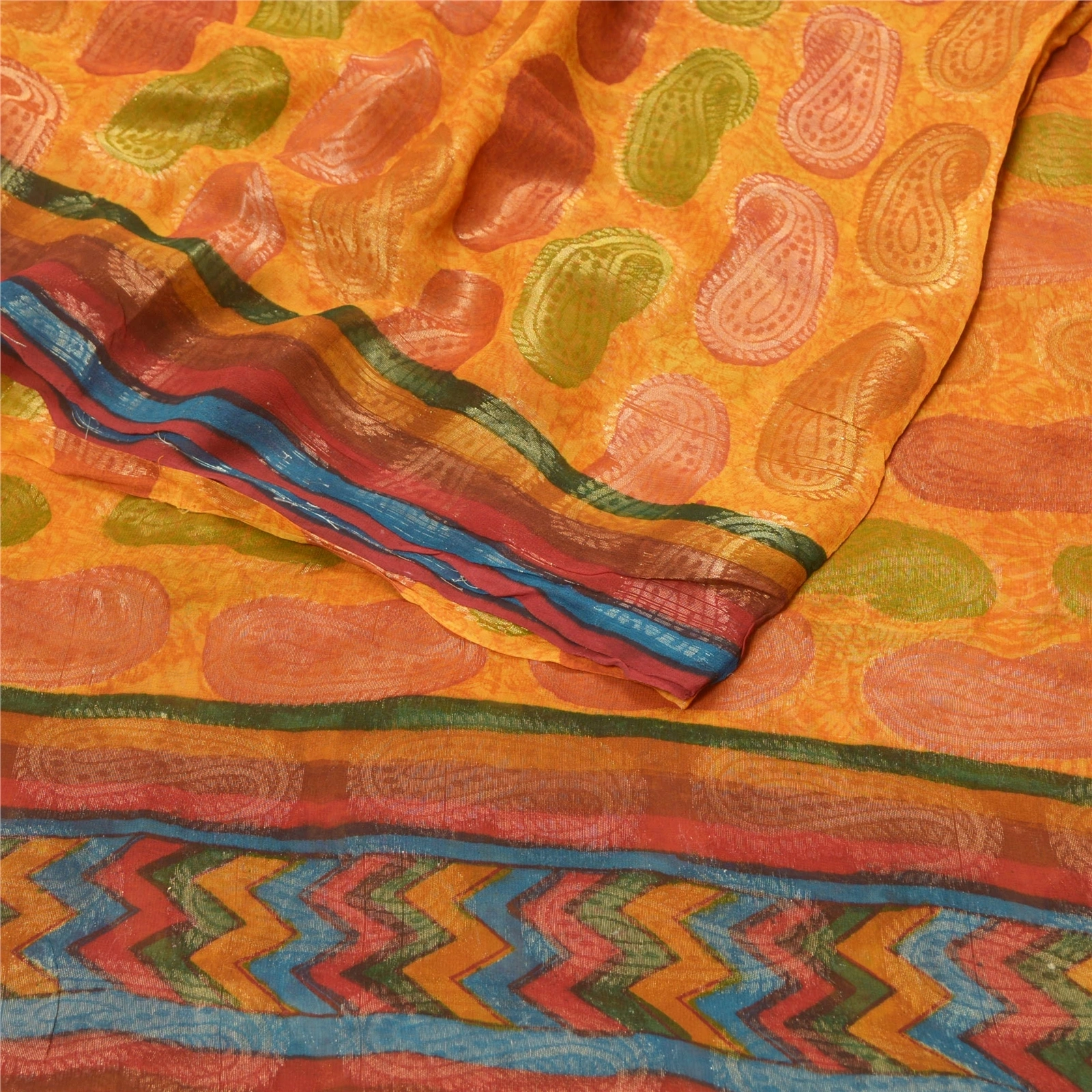 Sanskriti Vintage Sarees Saffron Blend Georgette Woven Printed Sari Craft Fabric, PRG-9652-Saffron-Printed Floral Design-Blend Georgette-9