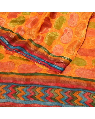 Sanskriti Vintage Sarees Saffron Blend Georgette Woven Printed Sari Craft Fabric, PRG-9652-Saffron-Printed Floral Design-Blend Georgette-9