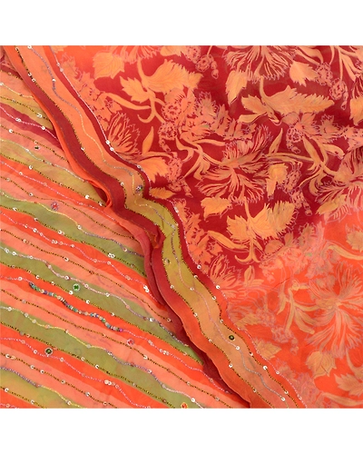 Sanskriti Vintage Orange Sarees Pure Georgette Silk Prined Sari 5Yd Craft Fabric, PRG-9674-Orange-Printed Floral Design-Pure Georgette Silk-1