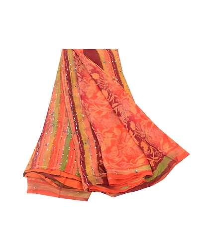 Sanskriti Vintage Orange Sarees Pure Georgette Silk Prined Sari 5Yd Craft Fabric, PRG-9674-Orange-Printed Floral Design-Pure Georgette Silk-2