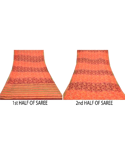Sanskriti Vintage Orange Sarees Pure Georgette Silk Prined Sari 5Yd Craft Fabric, PRG-9674-Orange-Printed Floral Design-Pure Georgette Silk-5