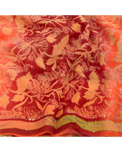 Sanskriti Vintage Orange Sarees Pure Georgette Silk Prined Sari 5Yd Craft Fabric, PRG-9674-Orange-Printed Floral Design-Pure Georgette Silk-6