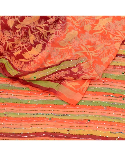 Sanskriti Vintage Orange Sarees Pure Georgette Silk Prined Sari 5Yd Craft Fabric, PRG-9674-Orange-Printed Floral Design-Pure Georgette Silk-7