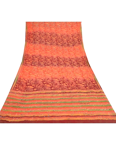 Sanskriti Vintage Orange Sarees Pure Georgette Silk Prined Sari 5Yd Craft Fabric, PRG-9674-Orange-Printed Floral Design-Pure Georgette Silk-8