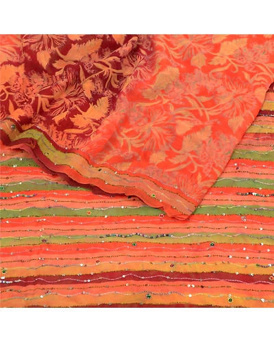 Sanskriti Vintage Orange Sarees Pure Georgette Silk Prined Sari 5Yd Craft Fabric, PRG-9674-Orange-Printed Floral Design-Pure Georgette Silk-9