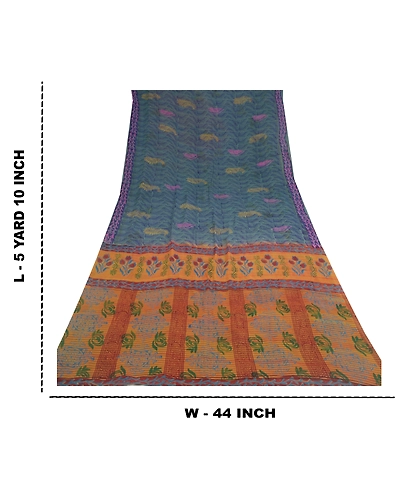 Sanskriti Vintage Green Sarees Pure Georgette Silk Prined Sari 5Yd Craft Fabric, PRG-9682-Green-Printed Floral Design-Pure Georgette Silk-3