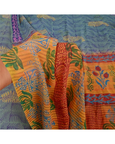 Sanskriti Vintage Green Sarees Pure Georgette Silk Prined Sari 5Yd Craft Fabric, PRG-9682-Green-Printed Floral Design-Pure Georgette Silk-4