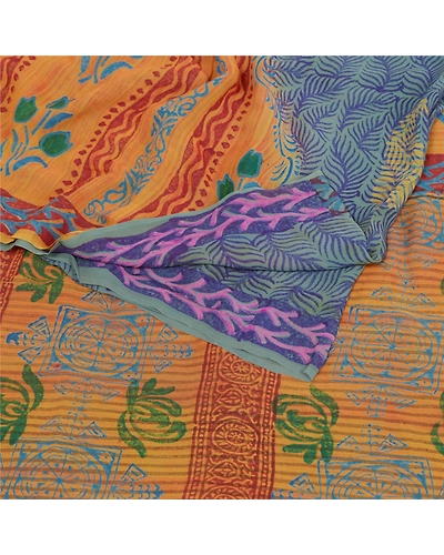Sanskriti Vintage Green Sarees Pure Georgette Silk Prined Sari 5Yd Craft Fabric, PRG-9682-Green-Printed Floral Design-Pure Georgette Silk-7
