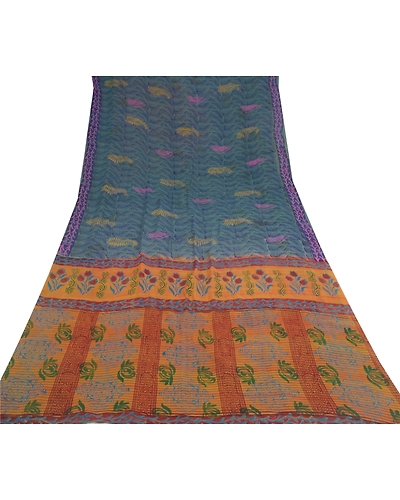 Sanskriti Vintage Green Sarees Pure Georgette Silk Prined Sari 5Yd Craft Fabric, PRG-9682-Green-Printed Floral Design-Pure Georgette Silk-8