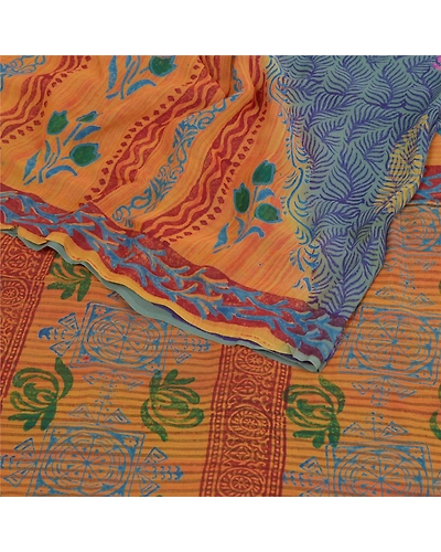 Sanskriti Vintage Green Sarees Pure Georgette Silk Prined Sari 5Yd Craft Fabric, PRG-9682-Green-Printed Floral Design-Pure Georgette Silk-9