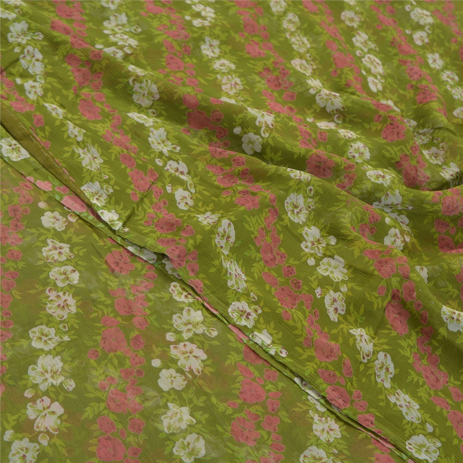 Sanskriti Vintage Green Sarees Pure Chiffon Silk Printed Sari 5Yd Craft Fabric, PRG-9713-Green-Printed Floral Design-Pure Chiffon Silk-1