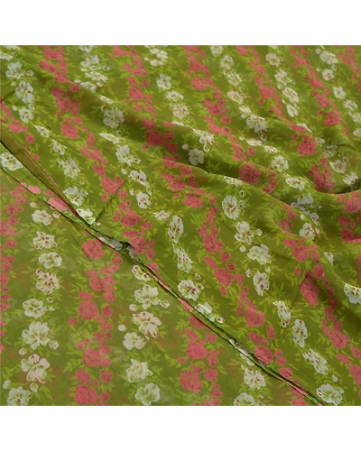 Sanskriti Vintage Green Sarees Pure Chiffon Silk Printed Sari 5Yd Craft Fabric, PRG-9713-Green-Printed Floral Design-Pure Chiffon Silk-1