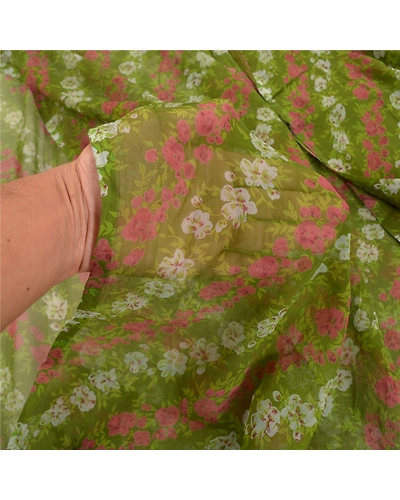 Sanskriti Vintage Green Sarees Pure Chiffon Silk Printed Sari 5Yd Craft Fabric, PRG-9713-Green-Printed Floral Design-Pure Chiffon Silk-4