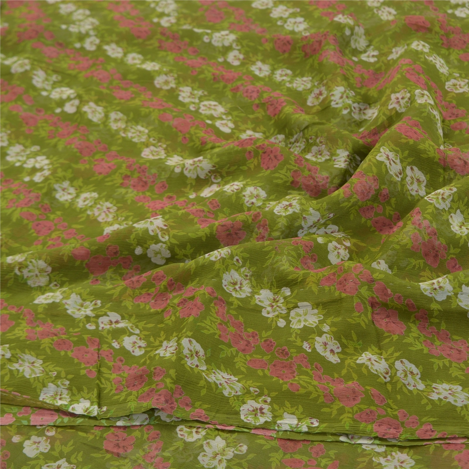 Sanskriti Vintage Green Sarees Pure Chiffon Silk Printed Sari 5Yd Craft Fabric, PRG-9713-Green-Printed Floral Design-Pure Chiffon Silk-6