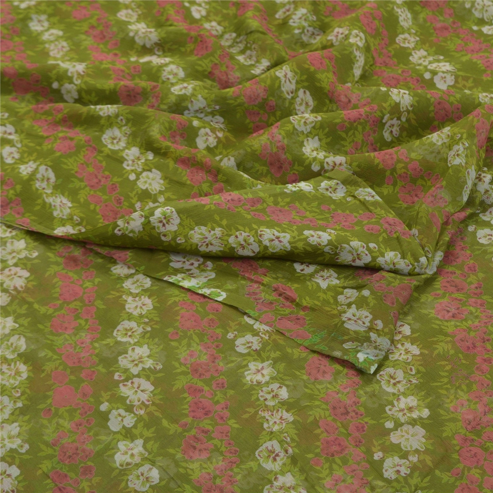 Sanskriti Vintage Green Sarees Pure Chiffon Silk Printed Sari 5Yd Craft Fabric, PRG-9713-Green-Printed Floral Design-Pure Chiffon Silk-9