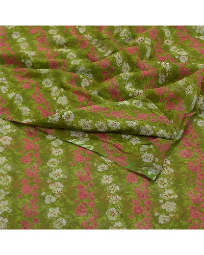 Sanskriti Vintage Green Sarees Pure Chiffon Silk Printed Sari 5Yd Craft Fabric, PRG-9713-Green-Printed Floral Design-Pure Chiffon Silk-9