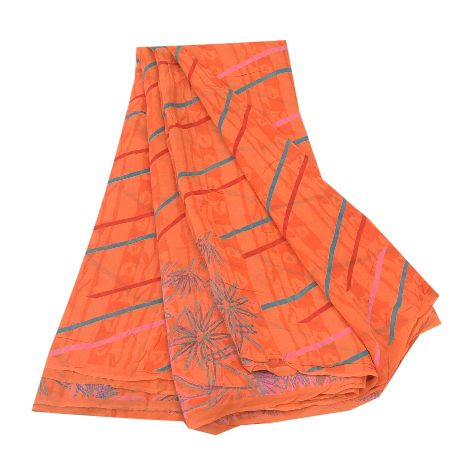 Sanskriti Vintage Orange Sarees Pure Georgette Silk Printed Sari Craft Fabric, PRG-9730-Orange-Printed Floral Design-Pure Georgette Silk-2