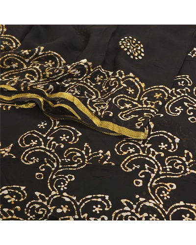 Sanskriti Vintage Black Sarees Blend Georgette Batik Printed Sari Craft Fabric, PRG-9755-Black-Printed Floral Design-Blend Georgette-9