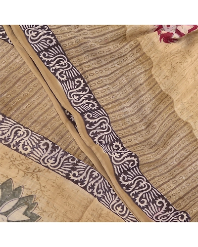 Sanskriti Vintage Cream Sarees Pure Georgette Silk Printed Sari 5Yd Craft Fabric, PRG-9778-Cream-Printed Floral Design-Pure Georgette Silk-1