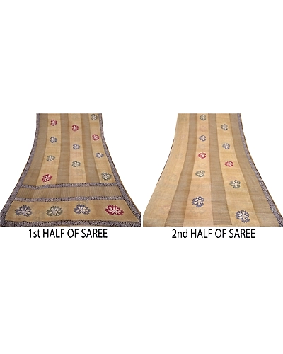 Sanskriti Vintage Cream Sarees Pure Georgette Silk Printed Sari 5Yd Craft Fabric, PRG-9778-Cream-Printed Floral Design-Pure Georgette Silk-5