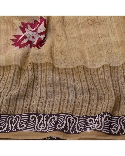 Sanskriti Vintage Cream Sarees Pure Georgette Silk Printed Sari 5Yd Craft Fabric, PRG-9778-Cream-Printed Floral Design-Pure Georgette Silk-6
