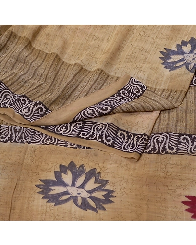 Sanskriti Vintage Cream Sarees Pure Georgette Silk Printed Sari 5Yd Craft Fabric, PRG-9778-Cream-Printed Floral Design-Pure Georgette Silk-7