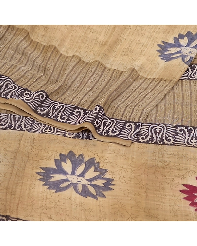 Sanskriti Vintage Cream Sarees Pure Georgette Silk Printed Sari 5Yd Craft Fabric, PRG-9778-Cream-Printed Floral Design-Pure Georgette Silk-9