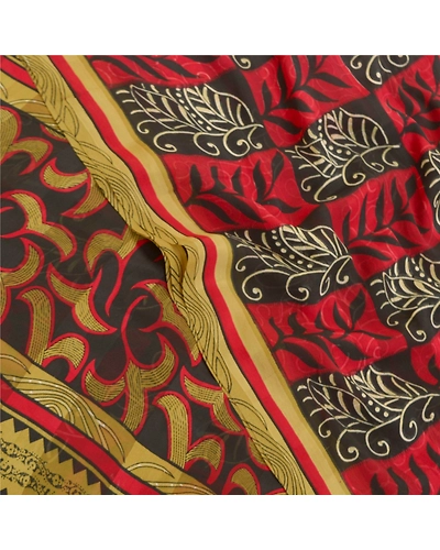 Sanskriti Vintage Red Sarees Polly Georgette Printed Sari Soft 5Yd Craft Fabric, PRG-9812-Red-Printed Floral Design-Polly Georgette-1