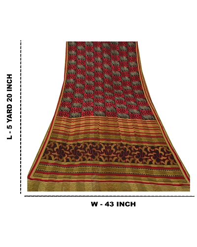Sanskriti Vintage Red Sarees Polly Georgette Printed Sari Soft 5Yd Craft Fabric, PRG-9812-Red-Printed Floral Design-Polly Georgette-4