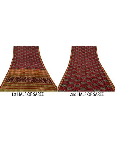 Sanskriti Vintage Red Sarees Polly Georgette Printed Sari Soft 5Yd Craft Fabric, PRG-9812-Red-Printed Floral Design-Polly Georgette-6