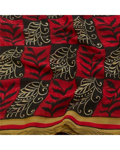 Sanskriti Vintage Red Sarees Polly Georgette Printed Sari Soft 5Yd Craft Fabric, PRG-9812-Red-Printed Floral Design-Polly Georgette-7