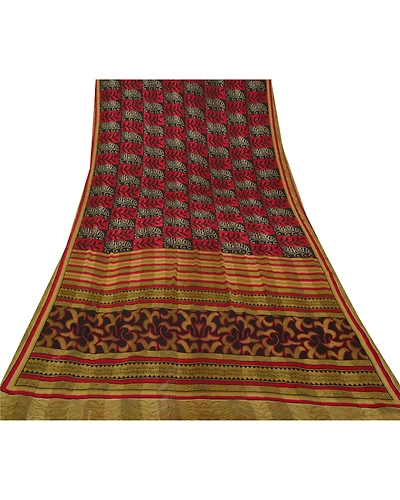 Sanskriti Vintage Red Sarees Polly Georgette Printed Sari Soft 5Yd Craft Fabric, PRG-9812-Red-Printed Floral Design-Polly Georgette-9