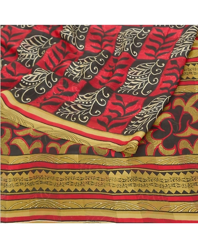 Sanskriti Vintage Red Sarees Polly Georgette Printed Sari Soft 5Yd Craft Fabric, PRG-9812-Red-Printed Floral Design-Polly Georgette-10