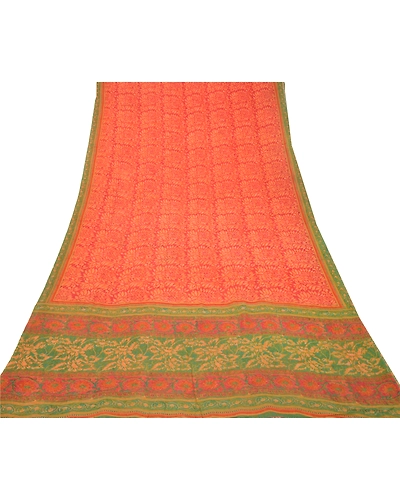 Sanskriti Vintage Red Sarees Pure Georgette Silk Printed Sari 5Yd Craft Fabric, PRG-9825-Red-Printed Floral Design-Pure Georgette Silk-9