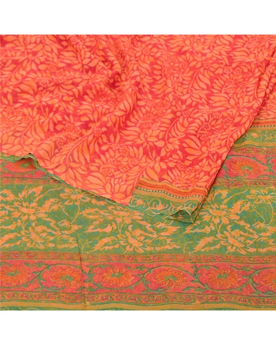 Sanskriti Vintage Red Sarees Pure Georgette Silk Printed Sari 5Yd Craft Fabric, PRG-9825-Red-Printed Floral Design-Pure Georgette Silk-10