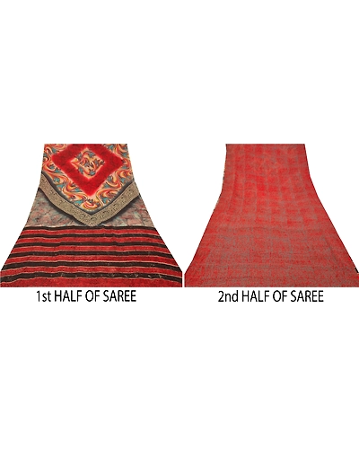 Sanskriti Vintage Red Sarees Pure Georgette Silk Printed Sari 5Yd Craft Fabric, PRG-9834-Red-Printed Floral Design-Pure Georgette Silk-5