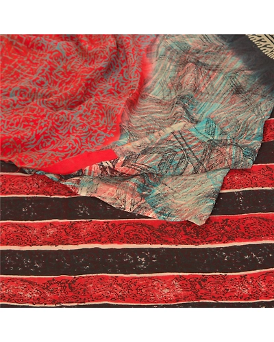 Sanskriti Vintage Red Sarees Pure Georgette Silk Printed Sari 5Yd Craft Fabric, PRG-9834-Red-Printed Floral Design-Pure Georgette Silk-7