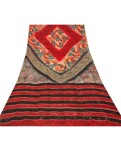 Sanskriti Vintage Red Sarees Pure Georgette Silk Printed Sari 5Yd Craft Fabric, PRG-9834-Red-Printed Floral Design-Pure Georgette Silk-8