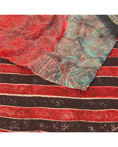 Sanskriti Vintage Red Sarees Pure Georgette Silk Printed Sari 5Yd Craft Fabric, PRG-9834-Red-Printed Floral Design-Pure Georgette Silk-9