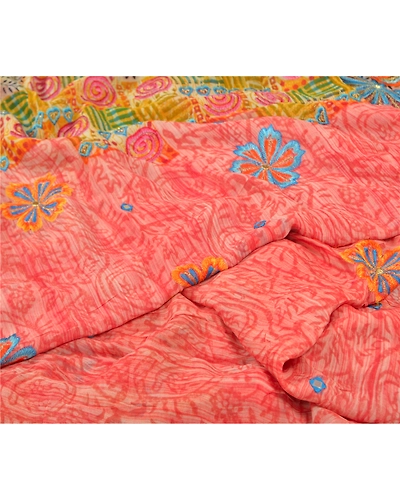 Sanskriti Vintage Red Sarees Blend Georgette Printed Embroiderysari Craft Fabric, PRG-9847-Red-Printed Floral Design-Blend Georgette-3