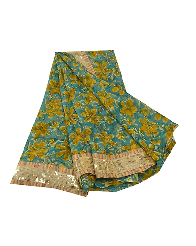 Sanskriti Vintage Blue Sarees Blend Georgette Floral Printed Sari Craft Fabric, PRG-9853-Blue-Printed Floral Design-Blend Georgette-2